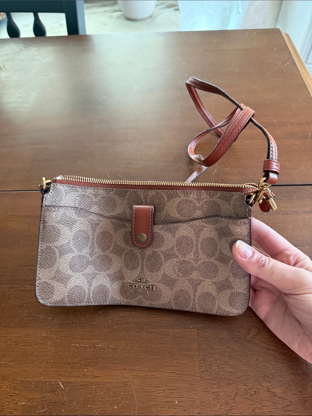 Coach Tan Signature Canvas Crossbody Wristlet with Brown Leather Trim